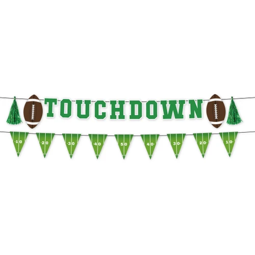 Football Touchdown Banner Set. This set includes a printed cardstock letter banner that spells "TOUCHDOWN" in green, blocky letters with classic brown footballs and green tassels at both ends. The other banner features triangle flag shaped pennants with prints of football field yard lines from 10 to 50 to 10. Package includes 2 count banners measuring 8.2ft.