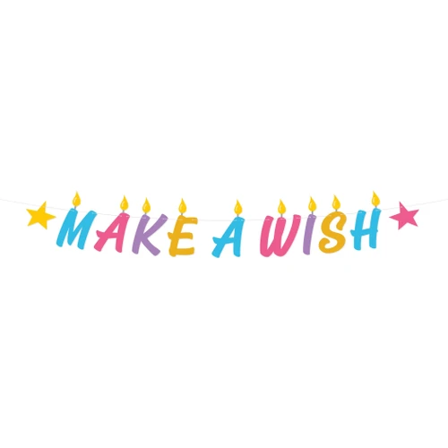 Make A Wish Letter Banner. This printed cardstock banner features "MAKE A WISH" in multicolor letters topped with tiny flames as if they were birthday candles, with yellow and pink stars on the sides, all on a white ribbon. Undersides are brown cardstock. Measures about 10.75in x 8.2ft.