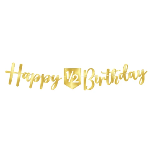 Happy 1/2 Birthday Letter Banner. This gold foil cardstock banner features "Happy 1/2 Birthday" in script with the "1/2" on a shield shape, all on a white ribbon. Undersides are brown cardstock. Measures about 10in x 8.2ft.