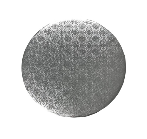 Silver, corrugated cardboards are grease resistant and have a decorative embossed surface. There is no need to wrap the board in foil or use a doily with this cake board. Measures 10in.