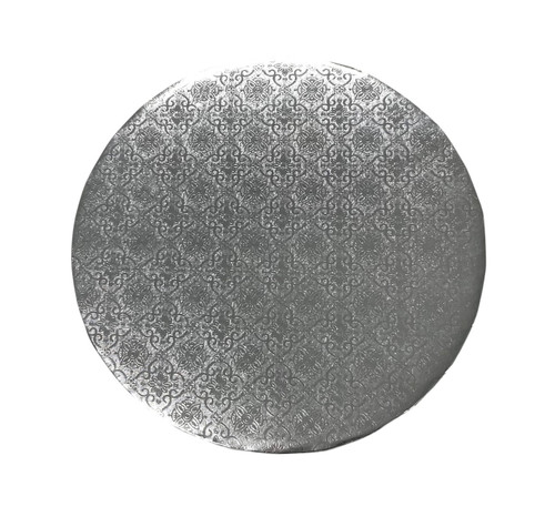 Silver, corrugated cardboards are grease resistant and have a decorative embossed surface. There is no need to wrap the board in foil or use a doily with this cake board. Measures 12in.