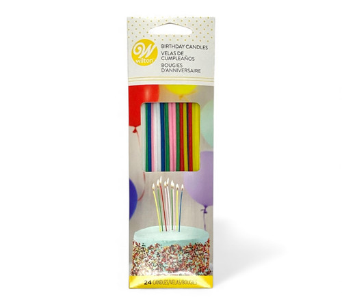 Slender Candle Assortment. These tall candles feature blue, green, red, white, and pink colors. Package includes 24 count 6.5in candles.