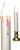 Flickering Light Bloody Candle. This white, plastic candle has a gold base and red blood dripping from the top. Built in LED in the flame will flicker a warm glow. Batteries not included. Package includes 1 count candle, measuring 9in.
