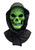 Black Light Green Horror Mask. This bright green skull mask has an attached black hood with built in black light LEDs in the brim. Requires 2 AA batteries (not included). One size fits most adults.