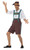 Bavarian Man Adult. This costume includes dark brown lederhosen with turquoise details, a white shirt, a dark brown hat with a turquoise feather and shiny orange ribbon band. Shoes not included. Small fits 34 - 36, Medium fits 38 - 40in, Large fits 42 - 43in, and X-Large fits 46 - 48in.