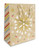 Gold Foil Christmas Large Gift Bag - Snowflake. This light brown printed paper bag features gold foil accents and gold ribbon handles. The opposite side does not have foil. Desired style not guaranteed. Measures 10.25in x 12.5in x 4.75in.