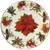Plastic Christmas Round Charger - White with Poinsettias. One design is white with gold trim and poinsettias and bells. Desired style not guaranteed. Package includes 1 count charger measuring 14.75in.