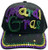 Mardi Gras Rhinestone Baseball Hat. This black hat features purple, green, and gold rhinestones spelling out "Mardi Gras" on attached foam pieces with matching trim along the bill. Measures 12in x 5.25in. One size fits most.