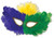 Mardi Gras Feathered Mask. This eye mask features purple, green, and yellow feathers with gold around the eyes and an attached elastic string. Package includes 1 count mask. One size fits most. Style may vary, depending on availability.