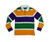 Kid Mardi Gras Thick Rugby Stripe Long Sleeve Shirt. This long sleeve cotton shirt is striped in purple, green, and gold, with smaller white stripes in between, and features three purple buttons. Color order of stripes will vary. Available in 2X Small, X Small, Small, Medium, Large, and X Large.