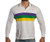 Adult Mardi Gras Stripe Long Sleeve White Polo Shirt. This long sleeve shirt is white with small purple, green, and gold stripes along the collar and large stripes across the chest, and features three white buttons. Available in Medium, Large, X Large, 2X Large, and 2X Large.