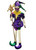 Dark Skin Flexible Jester - standing position (needs a surface to lean on). Dressed in shimmery purple, green, and gold, with a ruffled collar and bells on his three-pointed hat, this jester features somewhat posable arms and legs. His face is adorned with a purple glitter mask design and he holds a plastic gold scepter with a Fleur de Lis topper. Measures about 18in tall.