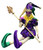 Dark Skin Flexible Jester - sitting position (needs a surface to lean on). Dressed in shimmery purple, green, and gold, with a ruffled collar and bells on his three-pointed hat, this jester features somewhat posable arms and legs. His face is adorned with a purple glitter mask design and he holds a plastic gold scepter with a Fleur de Lis topper. Measures about 18in tall.