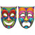 Jumbo Foil Comedy & Tragedy Mask Cutouts - Matte finish side in multicolor. These large printed cardstock comedy and tragedy masks have a side in purple, green, and gold with shimmery foil details, and a matte finish underside in multicolor. Package includes 2 count cutouts measuring 24.75in x 18.25in.
