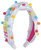 Happy Birthday Pom Pom Headband. This pink headband with white fabric features "HAPPY BIRTHDAY" in multicolor letters, accented with matching colorful pom poms. One size fits most older children, teens, and some adults.