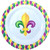 Mardi Gras Melamine Dinner Plate. Featuring a white background adorned with a purple, green, and gold harlequin pattern border, centered on this plate is a purple, green, and gold fleur de lis. Package includes 1 plate measuring 11.5in.