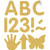 These sheets of adhesive letters, numbers, and punctuation are in a simple glittery gold font. They are removable and can be repositioned. Package includes 276 count cutouts total, with 180 count uppercase letters, 30 count numbers (0 - 9), 37 count punctuation marks, 17 count icons (such as hearts, stars, and handprints), and 12 count Spanish accent marks. The largest pieces measure about 2in. Sizes will vary for each piece.