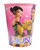 K Pop Demon Hunters Plastic Favor Cup. This pink plastic cup features a wrap around design with a pattern of pink fading to purple, covered with a pattern of lines and sparkles. Zoey, Rumi, and Mira stand behind the "HUNTRIX" logo in blue ombre text. Package includes 1 cup measuring 16oz.
