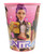K Pop Demon Hunters Plastic Favor Cup. This pink plastic cup features a wrap around design with a pattern of pink fading to purple, covered with a pattern of lines and sparkles. Zoey, Rumi, and Mira stand behind the "HUNTRIX" logo in blue ombre text. Package includes 1 cup measuring 16oz.