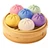 Squeezy Dumpling. Shaped like a round dumpling, this stress toy arrives in either pink, blue, light green, yellow, white, or purple. Desired color not guaranteed, no returns or exchanges. Package includes 1 count toy in a plastic basket shaped container measuring 3.75in in diameter, 2in tall.