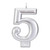 Metallic Silver Number Candle - 5. These molded number candles feature a shimmering silver finish. Pair together 2 for double digit ages! Measures 3.25in.