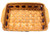 LSU Casserole Basket. This orange tinted wooden basket features a single purple stripe along the side and a white ceramic medallion with an LSU Tiger logo. Measures about 13in long (15.5in with side handles) x 9in wide x 3in tall.
