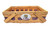 LSU Woven Basket - Large. This orange tinted wooden basket features a single purple stripe along the side and a white ceramic medallion with an LSU Tiger logo. Measures about 15.75in long x 10.75in wide x 4.75in tall without handles.