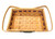 LSU Woven Basket - Large. This orange tinted wooden basket features a single purple stripe along the side and a white ceramic medallion with an LSU Tiger logo. Measures about 15.75in long x 10.75in wide x 4.75in tall without handles.