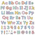 These sheets of punch out letters, numbers, and punctuation are in a colorful composition patterned font with black outlines. Package includes 274 count cutouts total, with 87 count uppercase letters, 108 count lowercase letters, 20 count numbers (0 - 9), 45 count punctuation marks, and 14 count Spanish accent marks. The largest pieces measure about 4in. Sizes will vary for each piece.