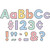 These sheets of punch out letters, numbers, and punctuation are in a colorful composition patterned font with black outlines. Package includes 274 count cutouts total, with 87 count uppercase letters, 108 count lowercase letters, 20 count numbers (0 - 9), 45 count punctuation marks, and 14 count Spanish accent marks. The largest pieces measure about 4in. Sizes will vary for each piece.
