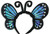 Shimmering Butterfly Headband - Blue. This black fabric covered headband features attached shimmery plastic butterfly wings in either blue or green with curly black felt antennae. The underside has a solid shimmery color, no black and white printed details. Desired color not guaranteed. One size fits most.