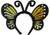 Shimmering Butterfly Headband - Green. This black fabric covered headband features attached shimmery plastic butterfly wings in either blue or green with curly black felt antennae. The underside has a solid shimmery color, no black and white printed details. Desired color not guaranteed. One size fits most.