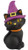 Light-Up Cat with Witch Hat Figure. This plastic blow mold figure of a sitting black cat wearing a purple witch hat features a warm LED glow. Requires 3 AA batteries, not included. Measures 11in tall x 5in wide x 4.25in thick.