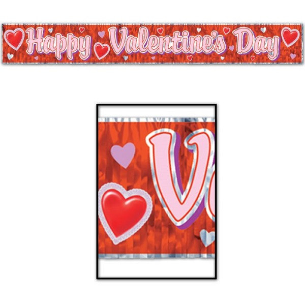Happy Valentine's Day Fringe Banner. This metallic red and silver foil fringe banner features "Happy Valentine's Day" in pink text surrounded by hearts. Measures 7.5in x 5ft.
