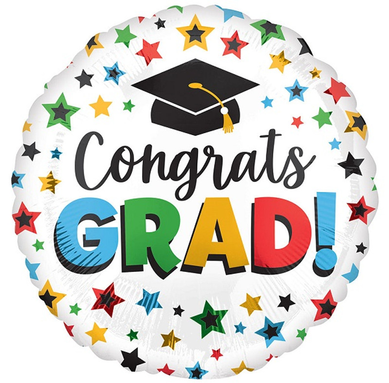 Multi-Colored Grad Balloon. This circular balloon features a white background decorated with multicolor star confetti. "Congrats" is written in black script, while "GRAD!" stands out in multicolor text with a black shadow. A classic black graduation cap with a yellow tassel sits above the text. Balloon is approximately 28 inches after inflation.