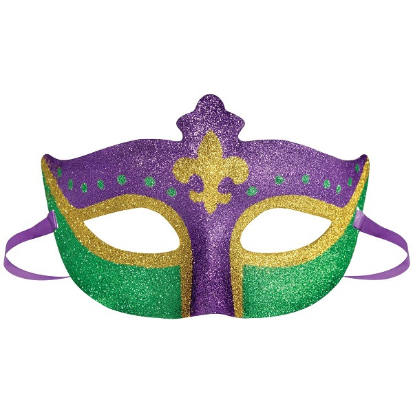 Fleur De Lis Mardi Gras Mask! This plastic eye mask features a glittery gold, green, and purple design with a gold fleur de lis and attached purple ribbon ties. Measures 4in x 6.5in. One size fits most adults.