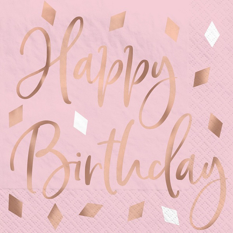 Add some posh style to your party drinks when you complement them with these Blush Birthday Beverage Napkins! These small, blush pink paper napkins feature Happy Birthday in rose gold foil letters. Package includes 16 count, 5 inch by 5 inch napkins.