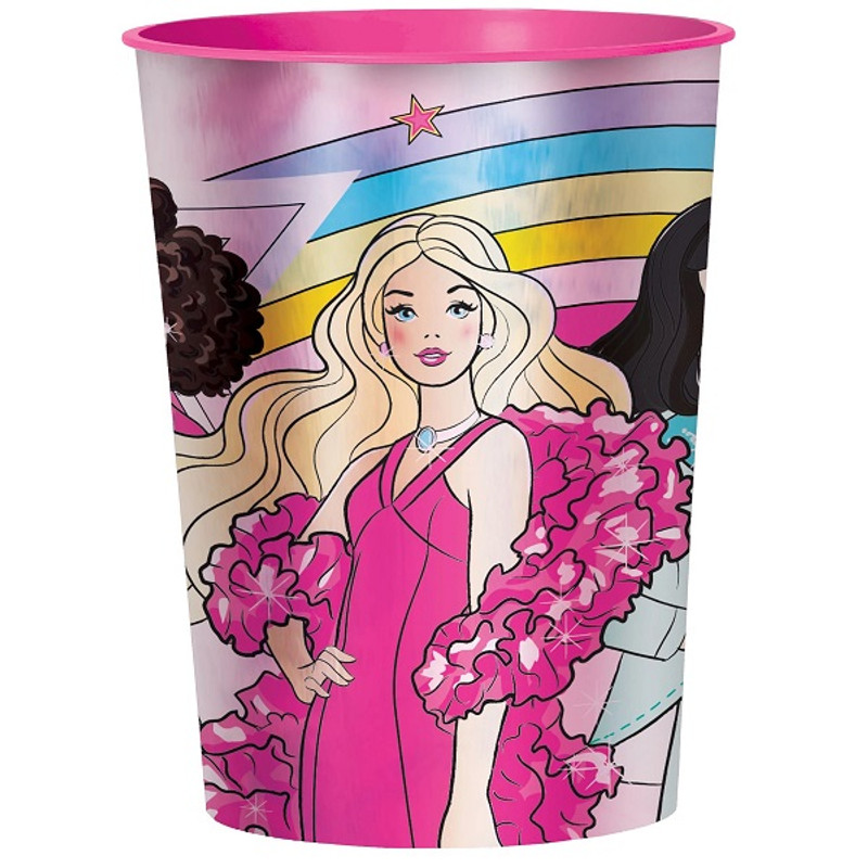 This Vintage Barbie Favor Cup makes a fun take home party gift! This bright pink plastic cup features a colorful wrapround image of Barbie and her friends. Holds up to 16 ounces.