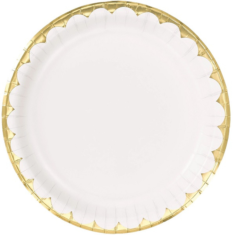Dish out your delightful desserts on these White & Gold Foil Luncheon Plates! These small, white paper plates feature a gold foil scalloped border. Package includes 8 count, 6.75 inch plates.