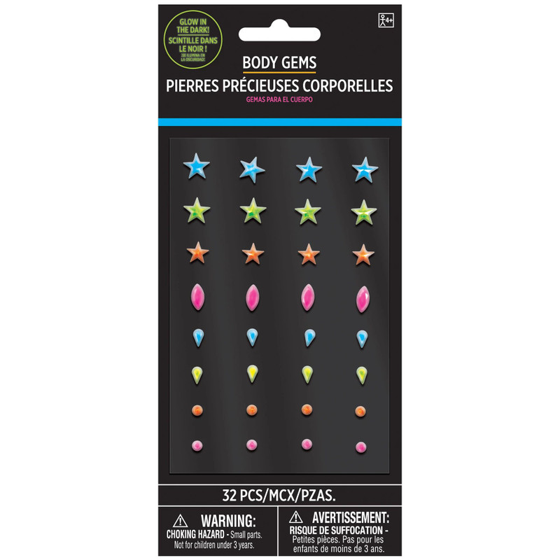 Make yourself glow with these Glow Party body gems! These gems come in several shapes including stars, ovals, and circles! These are perfect for birthday parties, festival, and so much more! 32 body gems included.