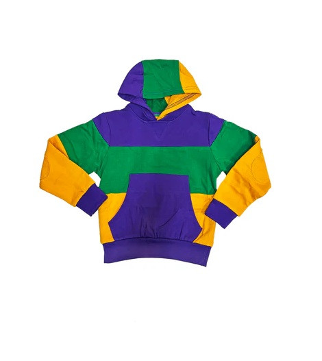 Toddler Mardi Gras Rugby Wide Panel Hoodie. This hoodie features purple, green, and gold panels along with a purple pocket. The purple, green, and gold laces complete the design.