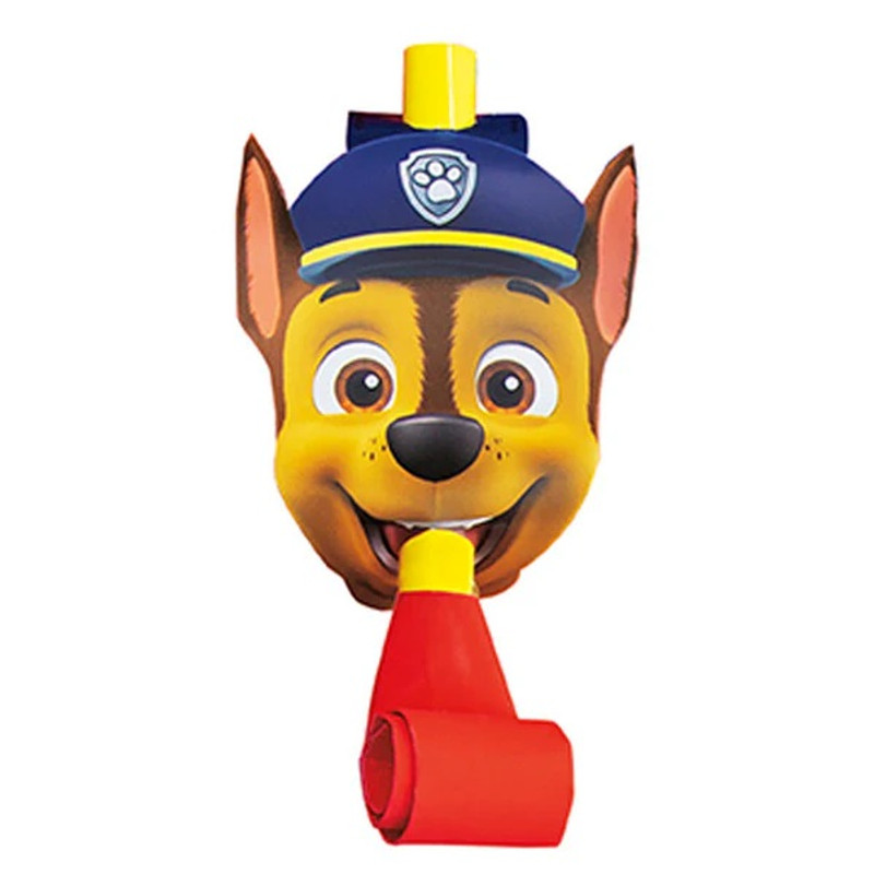 Paw Patrol Blowouts. In yellow and red, each blowout features a playful portrait of Chase, making it look like his tongue when extended. Package includes 8 party favors.