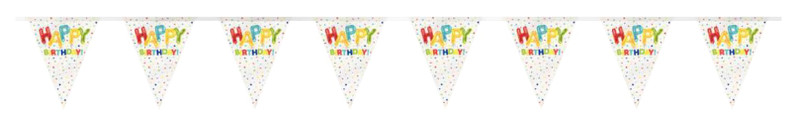 Happy Balloon Party Pennant Banner. This plastic decoration features white pennants with multicolor confetti with "HAPPY" spelled out in colorful balloon shapes with strings and "BIRTHDAY!" in multicolor letters. Measures 12ft, pennants 8.5in x 11in.