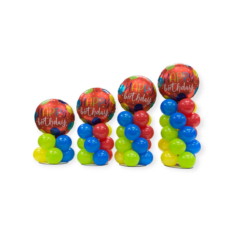 4 different balloon table centerpieces, in the sizes 2 row, 3 row, 4 row, and 5 row. These are made with yellow, lime green, red and blue balloons. Each is topped with a red happy birthday mylar balloon.