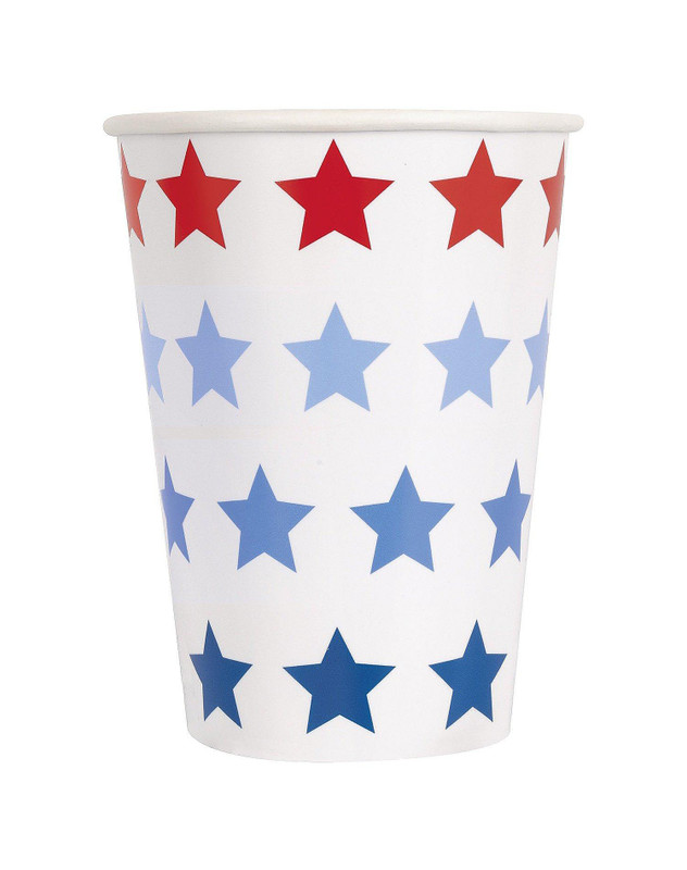 Patriotic USA Paper Cups. These white paper cups feature a festive pattern of red, light blue, blue, and dark blue stars. Package includes 10 count cups, measuring 12oz.