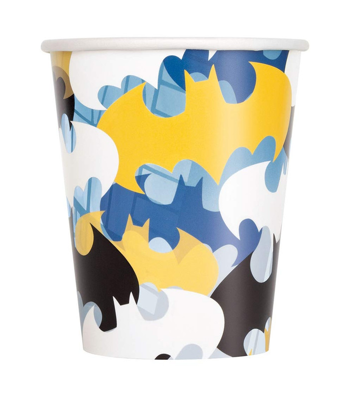 Batman Paper Cups. Featuring an overlapping pattern of bat logos in black, white, yellow, and blue. Package includes 8 count paper cups measuring 9oz.