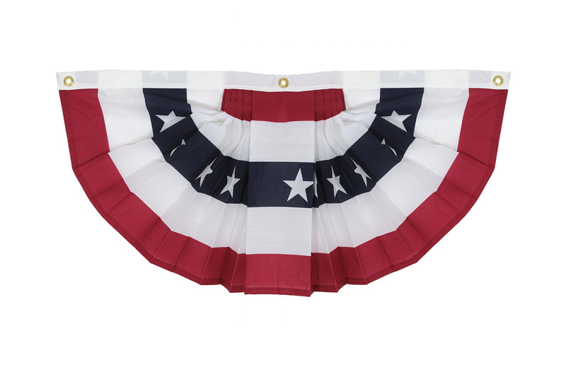 Red White and Blue Small Pleated Fabric Bunting. This polycotton bunting fan decoration features red and white stripes with white stars on a navy blue stripe and 3 grommets for hanging. Measures 3ft x 1.5ft.