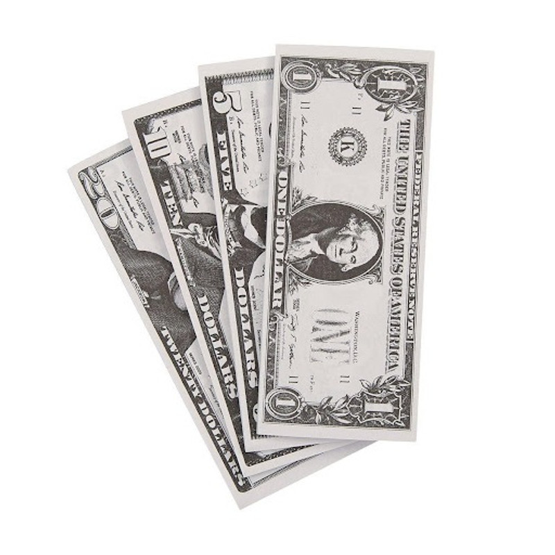 This Mini Money Pad resembles bills of one, five, ten, and twenty dollars. These bills are smaller than the typical dollar bill. This package includes 8 pads, measuring 1.75in x 4.25in.