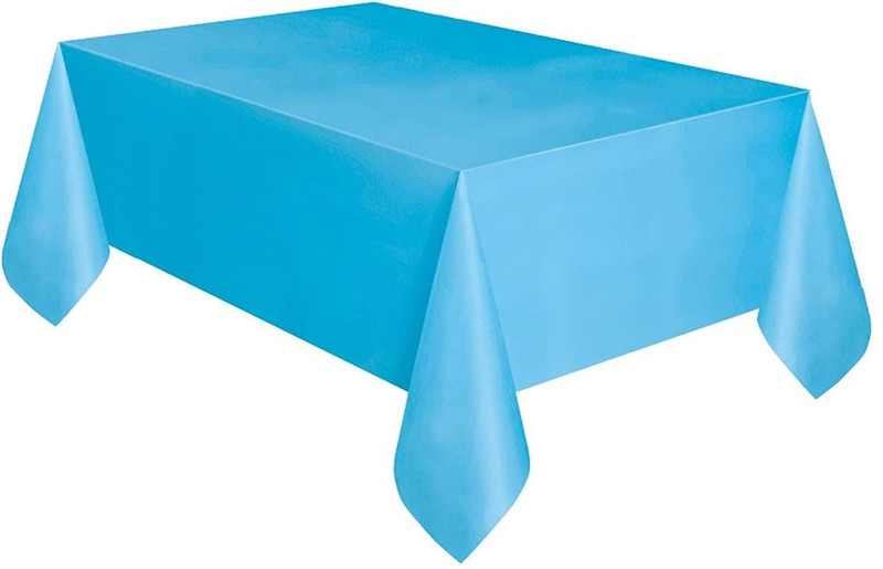 Powder Blue Plastic Tablecover. Rectangular. Measures 54in x 108in.