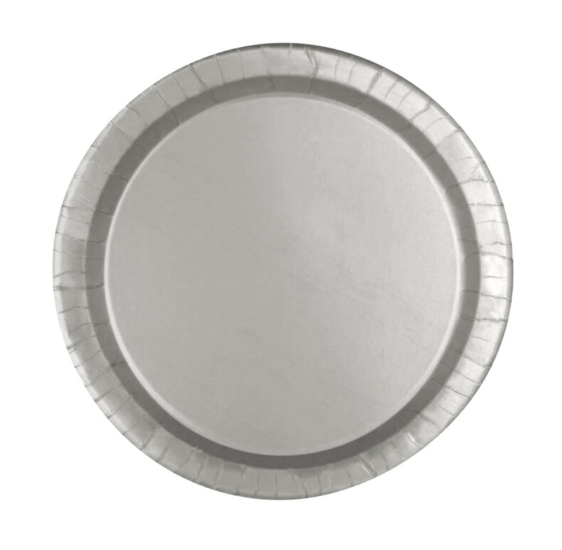 Silver Gray Paper Dessert Plates. These sturdy paper plates feature a silver color with a slight shimmer. Package includes 20 count 6.75in plates.